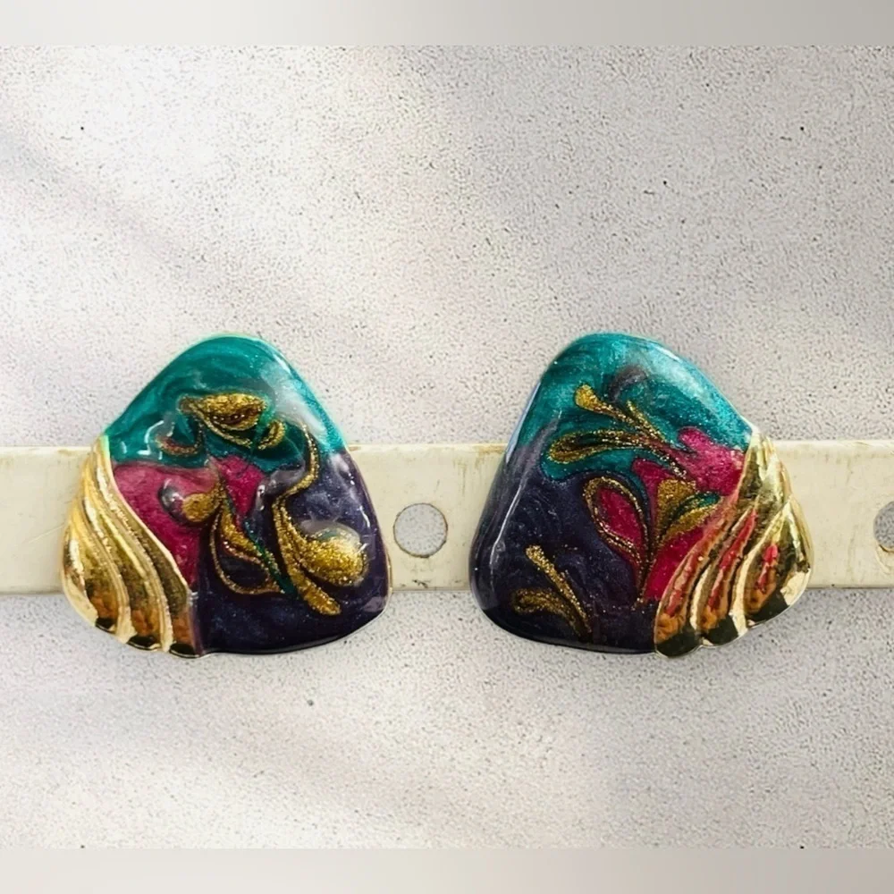 VTG 80’s Multi Colored Modernist gold tone Chunky Retro Clip on Earrings 1